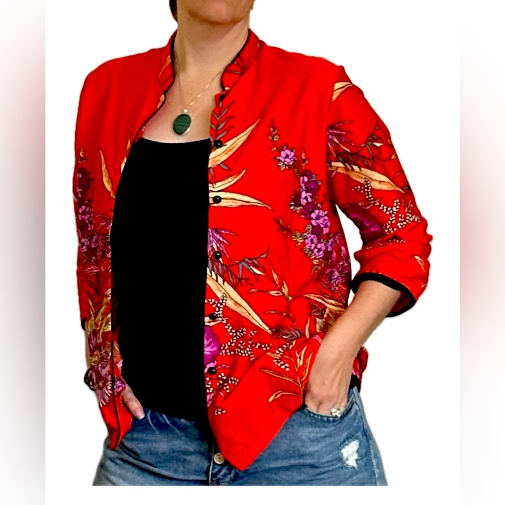 Vintage Lady Winn by TeddI Women's Red Floral Button-Front 3/4 Sleeve Jacket 40